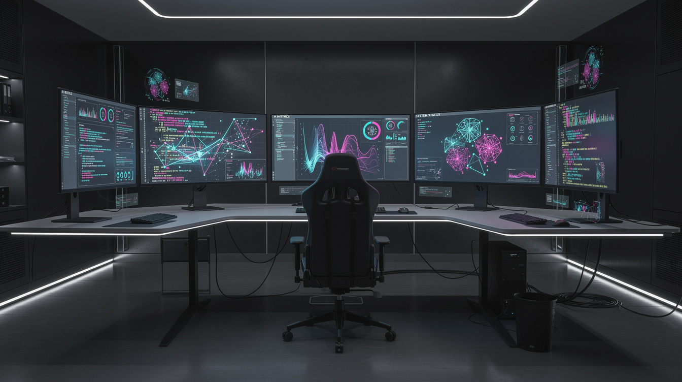 Futuristic AI technology dashboard glowing with data visualizations
