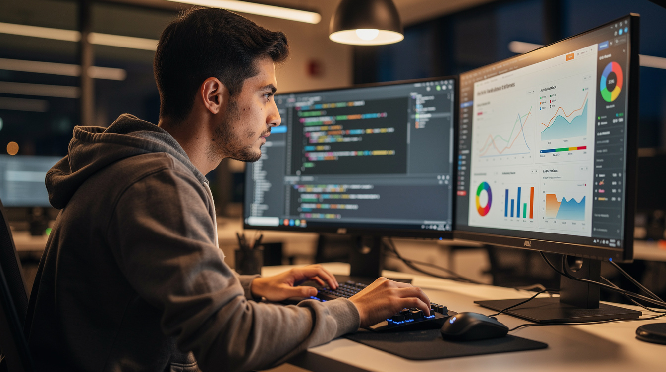 Developer working late on multiple monitors showing code